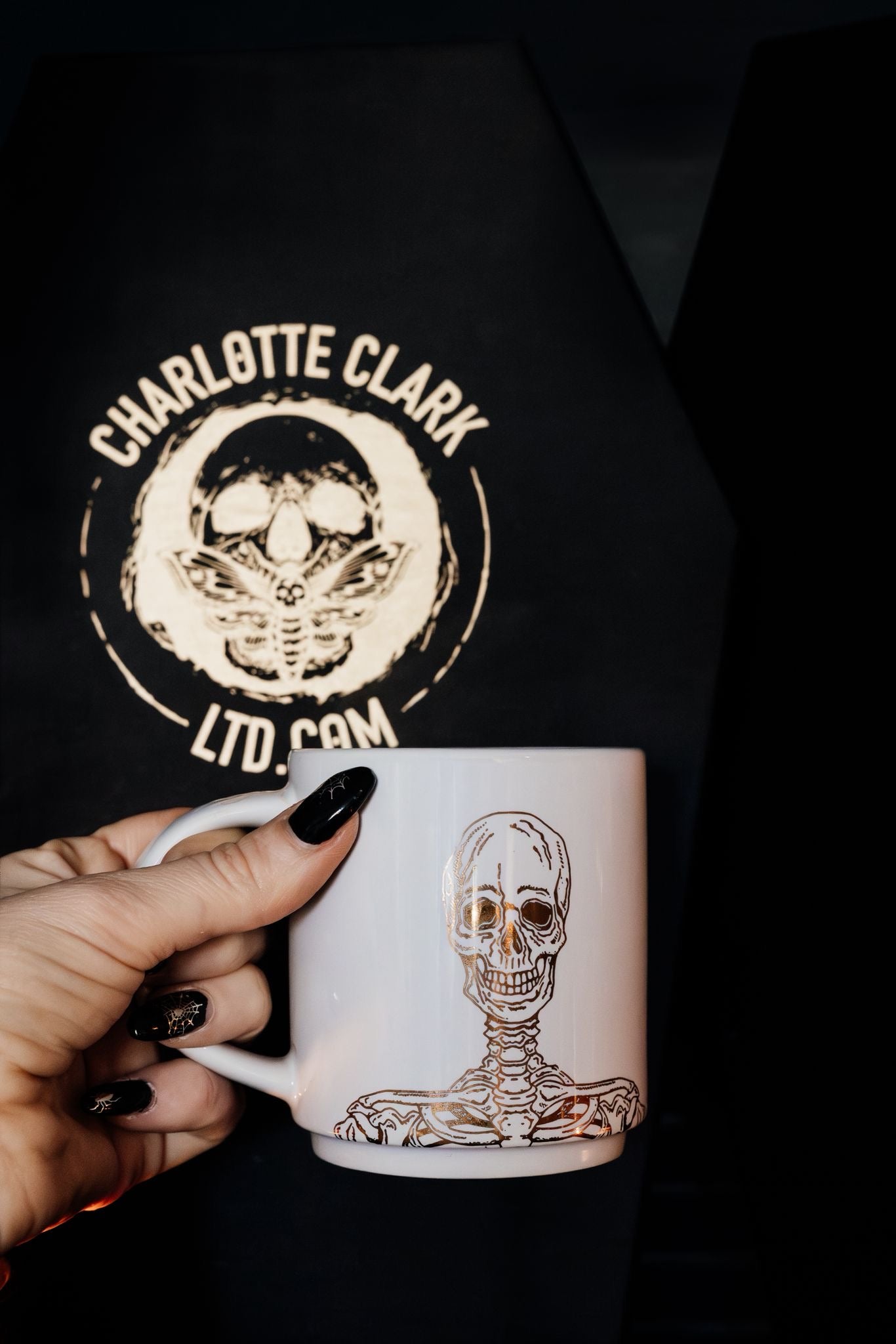 Limited Edition 24 Carat Gold Print Stacking Skeleton Mug Set in Coffin Gift Box