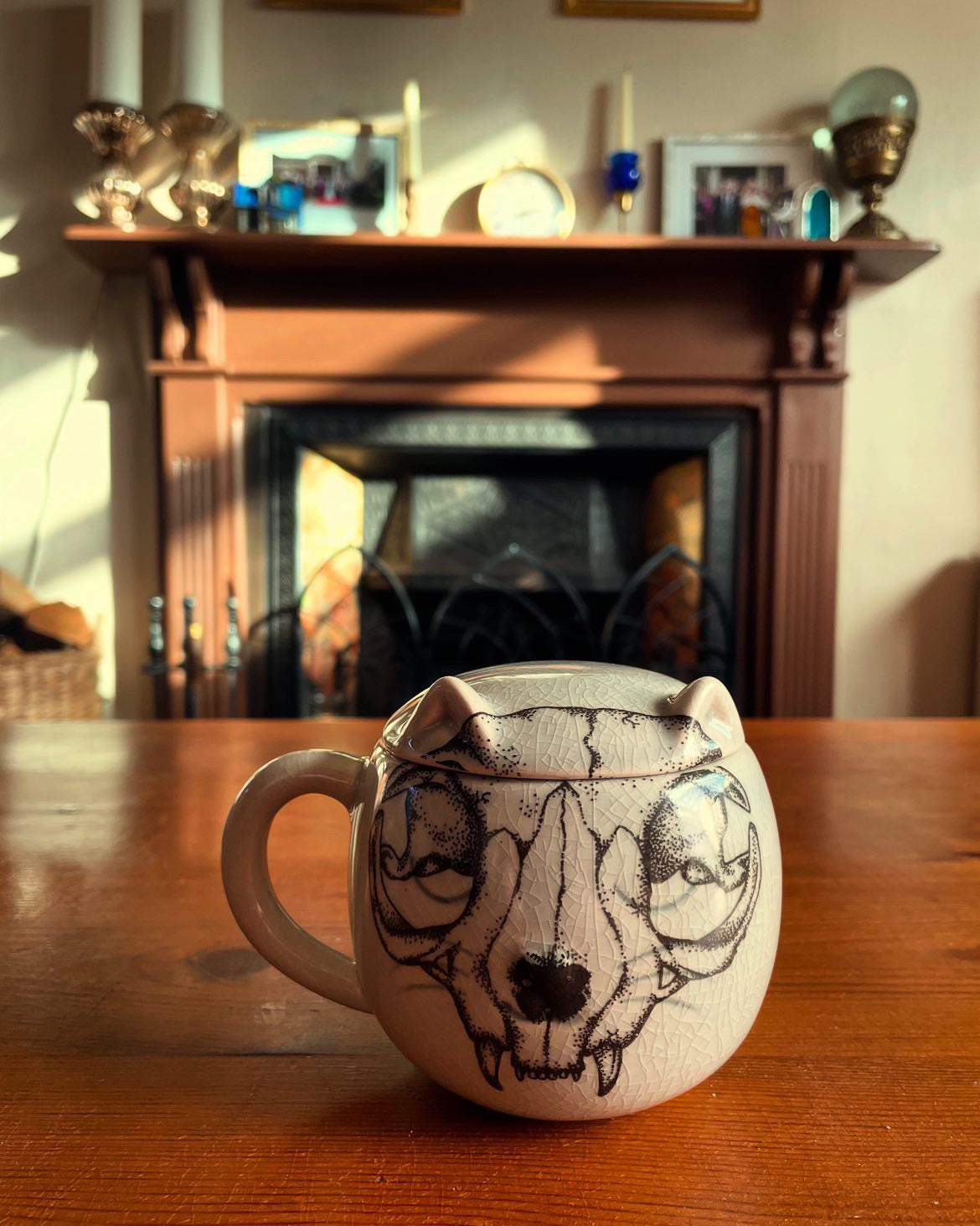 Lidded Anatomical Cat Skull Cup