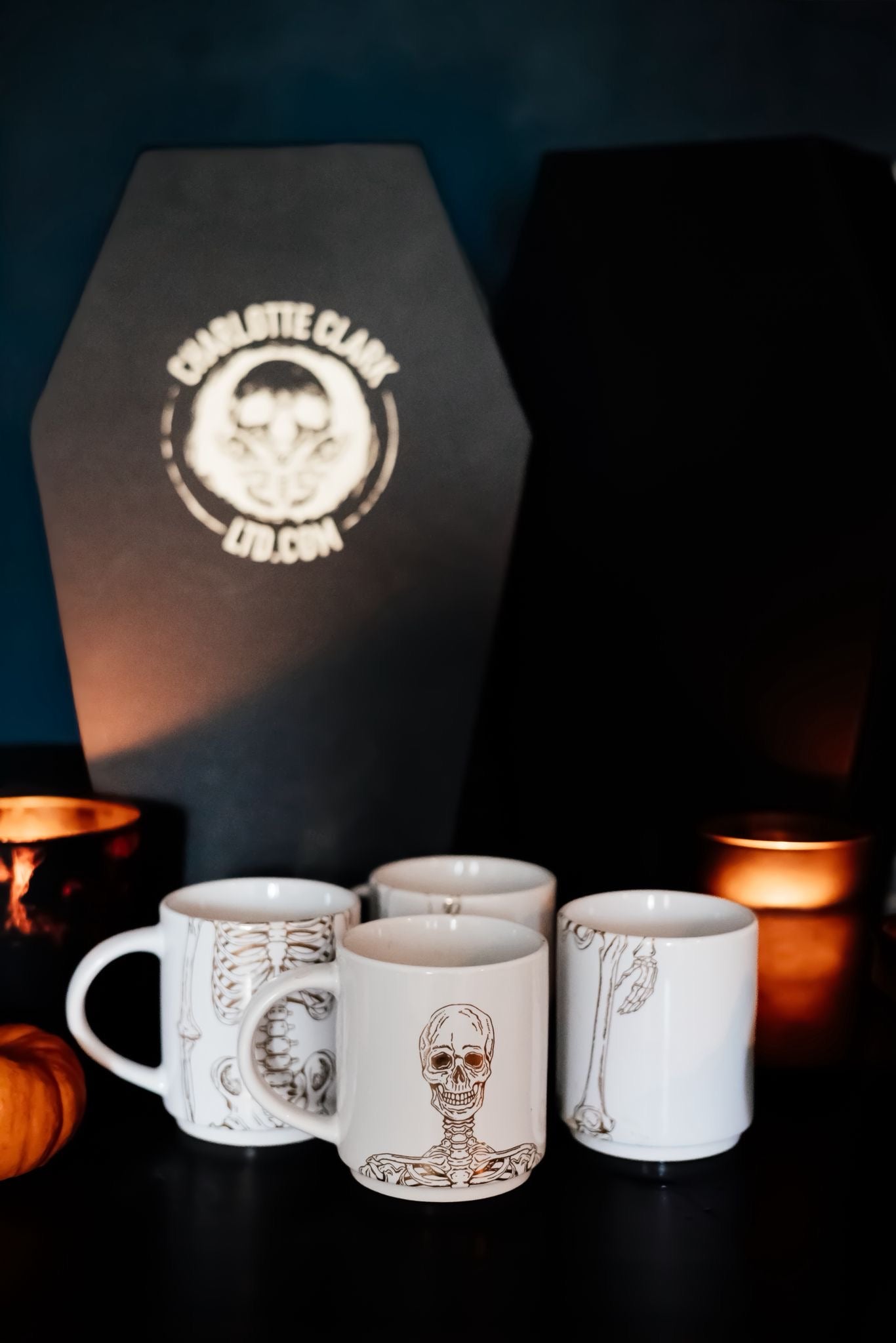 Limited Edition 24 Carat Gold Print Stacking Skeleton Mug Set in Coffin Gift Box