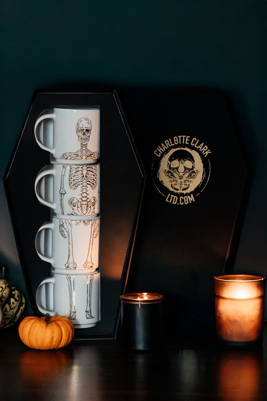 Limited Edition 24 Carat Gold Print Stacking Skeleton Mug Set in Coffin Gift Box
