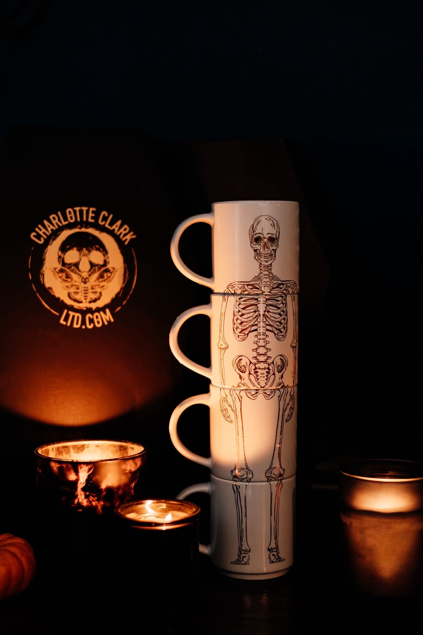 Limited Edition 24 Carat Gold Print Stacking Skeleton Mug Set in Coffin Gift Box