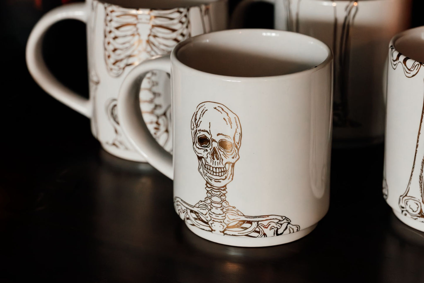 Limited Edition 24 Carat Gold Print Stacking Skeleton Mug Set in Coffin Gift Box