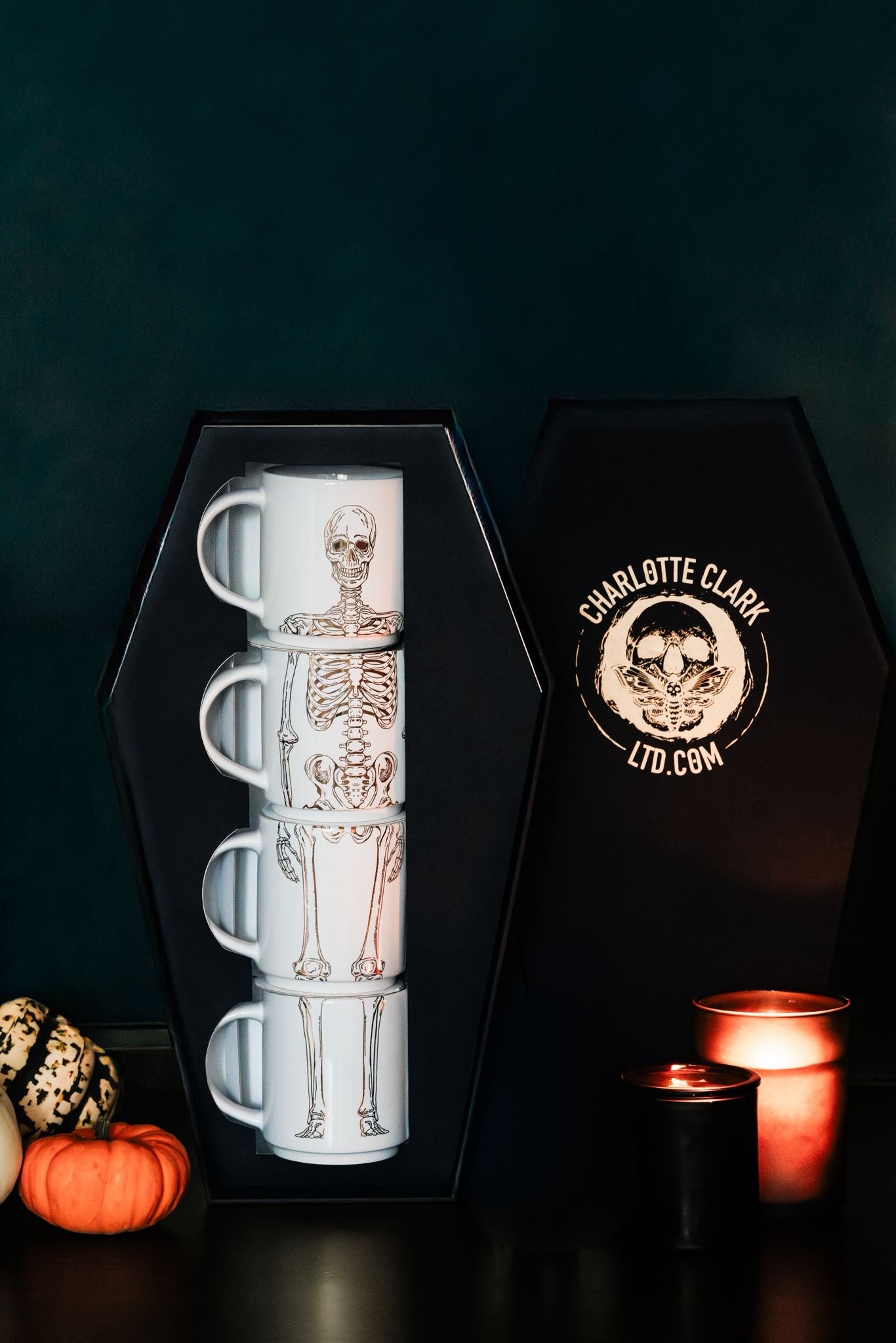 Limited Edition 24 Carat Gold Print Stacking Skeleton Mug Set in Coffin Gift Box